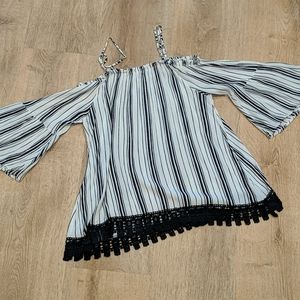 Striped lace off-the-shoulder flowy top